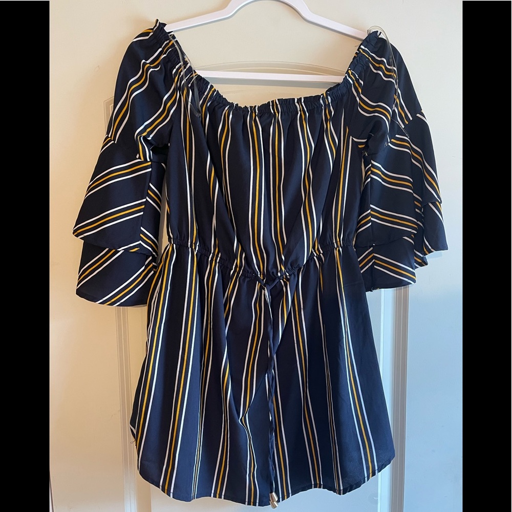 Indulge striped, bell sleeve Mini Dress, Women’s size M, off the shoulder sleeve
